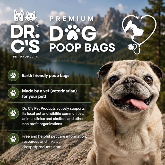 100% Certified Compostable Dog Poop Bags - Dr. C's Premium Dog Poop Bags - 120 Bags / 8 Rolls, Extra thick, Leak Proof, Unscented, Plant Based, Earth Friendly and USA Owned