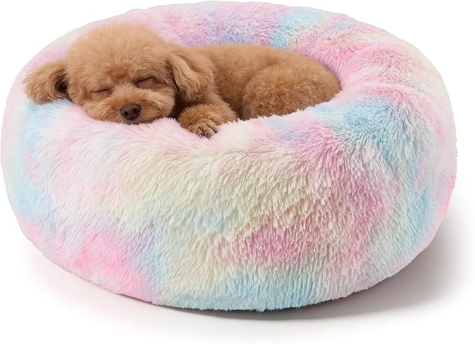 Dog Calming Beds for Small Medium Large Dogs - Round Donut Washable Puppy Dog Bed, Anti-Slip Faux Fur Fluffy Donut Cuddle Anxiety Cat Pet Bed(24'' Color)