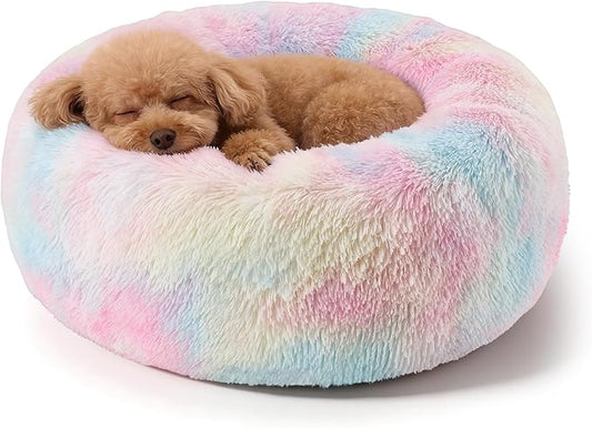 Dog Calming Beds for Small Medium Large Dogs - Round Donut Washable Puppy Dog Bed, Anti-Slip Faux Fur Fluffy Donut Cuddle Anxiety Cat Pet Bed(24'' Color)