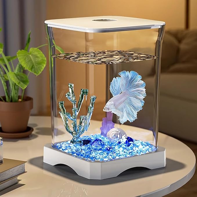 Small Fish Tank - LED Aquarium, Acrylic Mini Bowl with Feeding Hole, Compact Betta Container, Clear Stylish Design | Home Office Decoration, Desktop Display, Bedroom Aquarium, Small Aquatic Habitat