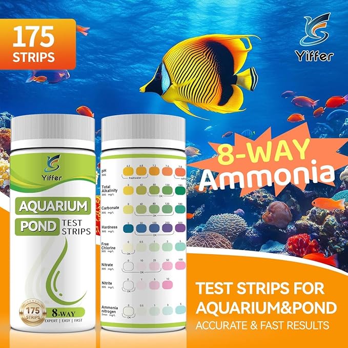 175-Count 8-Way Aquarium Test Strips with Ammonia-Accurate Test Ammonia,pH, Total Alkalinity, Carbonate, Hardness, Free Chlorine, Nitrate and Nitrite for Fish Tanks & Ponds