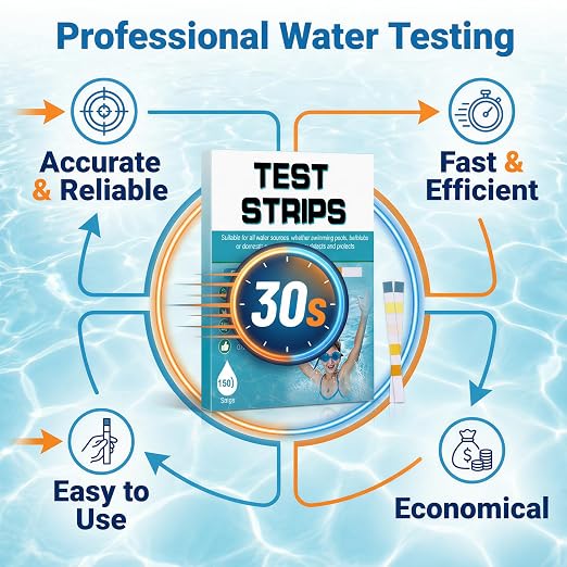 Pool Test Strips 150 Pcs, 5 in 1 Spa & Hot Tub Test Strips, Quick & Accurate Pool Water Testing Kit Accurate PH, Free Chlorine, Bromine, Total Alkalinity & Hardness(150PCS)