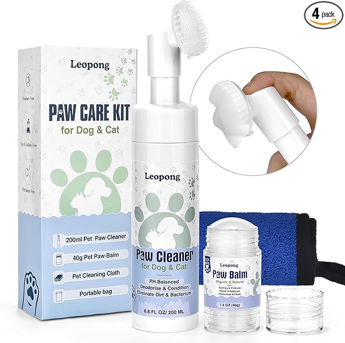Leopong Dog Paw Care Kit - Protector for Pet Foot Washer Care（1 Pack Cleaner, 1 Pack Balm, 1 Towel and 1 Bundle Pocket