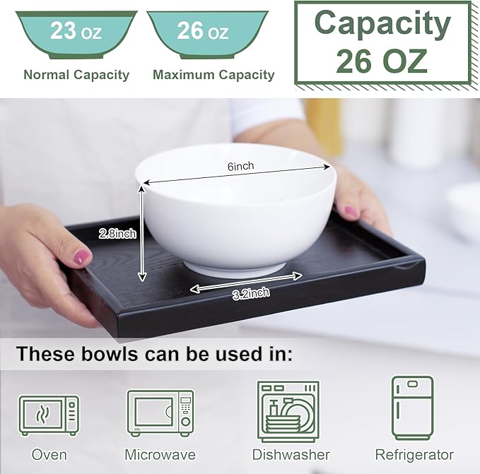 AntoKueh Large 6-Inch Ceramic Bowls Set of 6, 26oz Deep Porcelain Bowls for Cereal, Salad, Noodles - Dishwasher & Microwave Safe, White