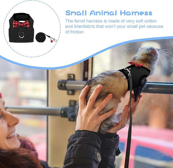 Rypet Small Animal Harness and Leash - Soft Mesh Pet Harness with Safe Bell, No Pull Comfort Padded Vest for Small Pet Black S