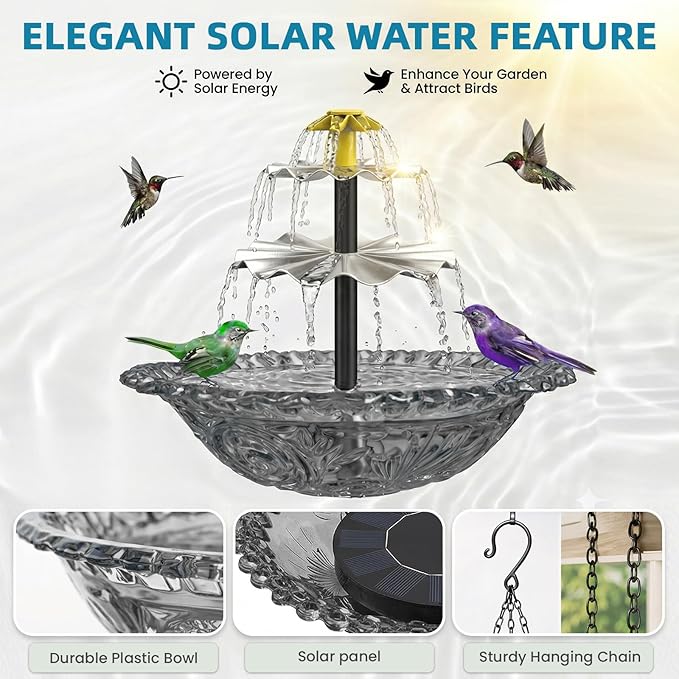 Solar Fountain for Bird Bath, Hanging Cascade Water Feature for Outdoor Garden & Yard Decor, Creates a Relaxing Flow that Attracts Birds (Gray(XL))