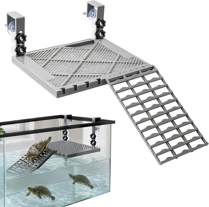 Solidform Turtle Basking Platform with Built-in Food Tray/10x7.8” Non-Slip Ramp Terrace, Heavy-Duty Suction Cups for 25-75 Gallon Aquariums, Resting Dock for Aquatic Turtles