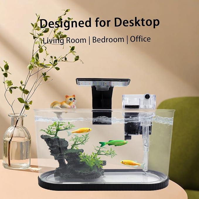 Fish Tank Kit, Small Aquarium Starter Tank with Filter and Light, PC Nano Desktop Tank with Color-Changing LED & Decor - Complete Starter Kit for Betta Fish Shrimp Guppy Goldfish Beta
