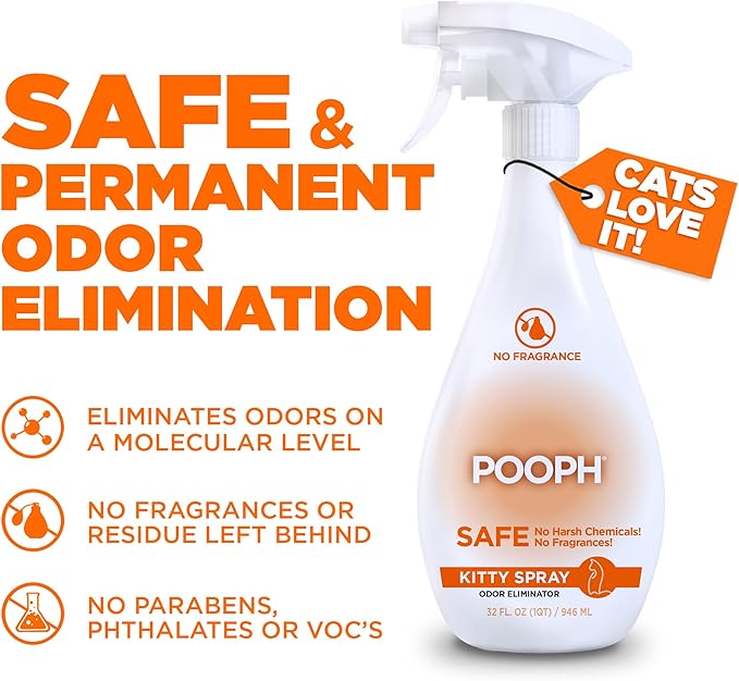 POOPH Kitty Odor Eliminator Spray 32oz Fragrance Free Cat Odor Remover for Urine Poop Pee Litter Box Deodorizer for Furniture Bedding and Carpet