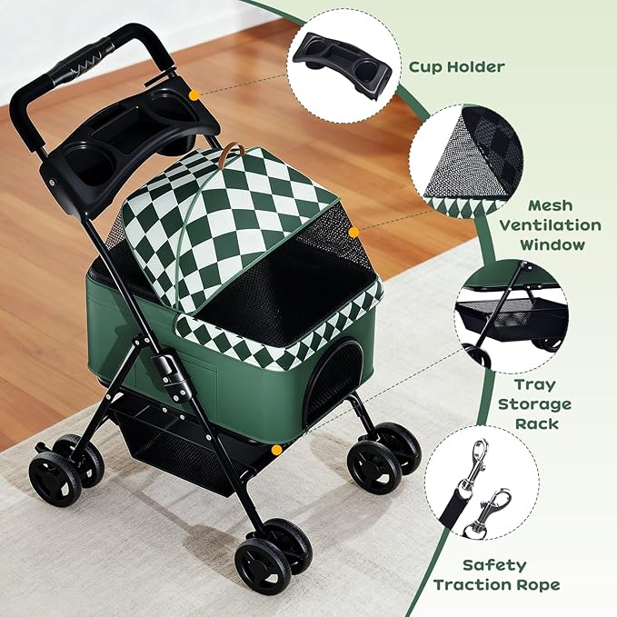 Foldable pet Stroller for Cats with Detachable Weather Cover, 4 Wheels Pet Strolling Cart for Dogs and Cats with Storage Basket and Cup Holder（Green）