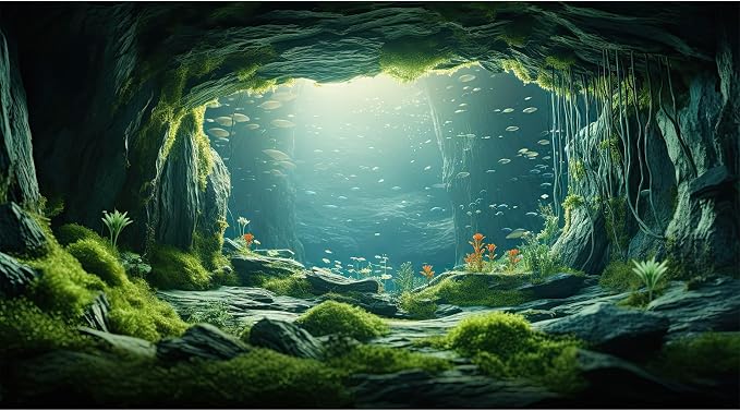 Underwater Cave Aquarium Background Under The Sea World Large Rock Fish Tank Background Aquatic Plant Lush Green Moss Reptile Tank Backgrounds Cave Landscape Reptile Enclosure Background 60x24in