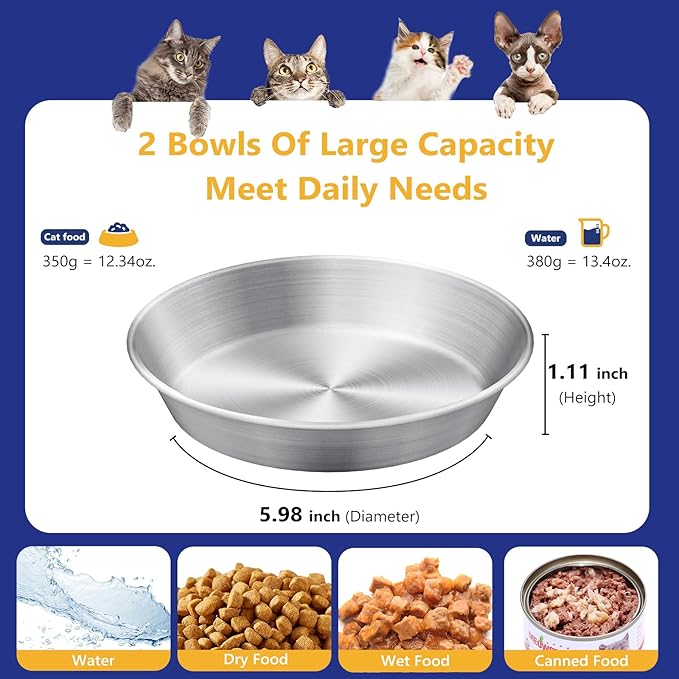 6-Pack Stainless Steel Cat Food Bowls, Shallow Whisker-Friendly Non-Slip Silicone Base Metal Dishes, Easy to Clean Indoor Water Flat Plates for Cat, Kitten, Small Dog (5.9")