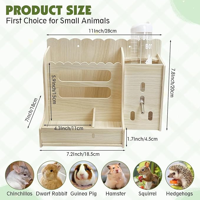 Hamiledyi Rabbit Hay Feeder Guinea Pig Food Holder Bunny Wooden Food Bin Feeder with Water Bottle Small Animals Hay Manger Wood Food Bowls for Guinea Pigs Rabbits Chinchillas Bunnies