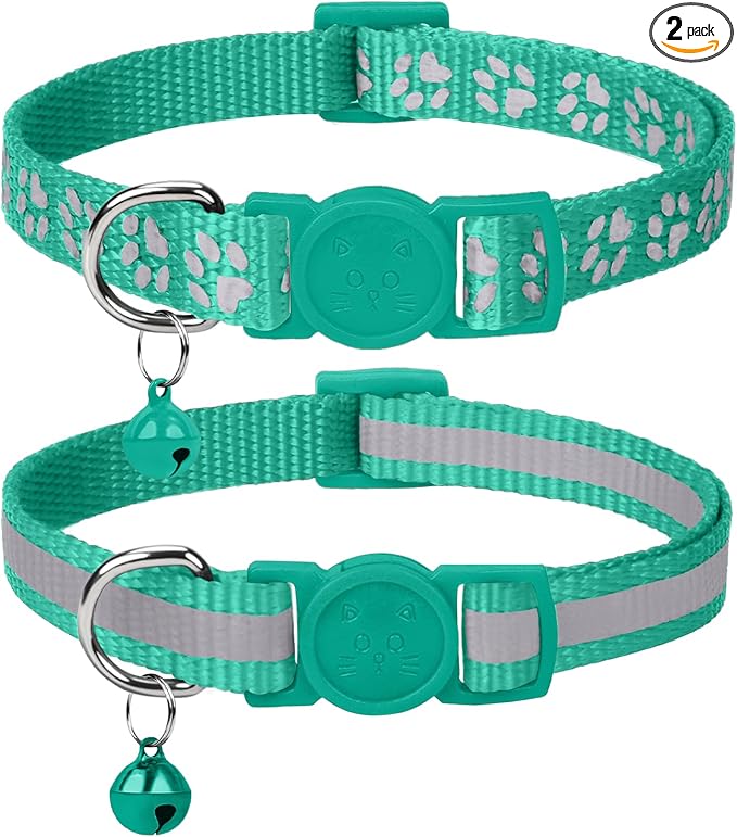 Taglory Reflective Cat Collar Breakaway with Bell, High Visibility Night Strip, Lightweight Adjustable Nylon Collar for Boy Girl Cats, 2 Pack, 7.5-12.5 Inch, Turquoise
