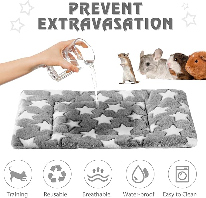 Haull 4 Pcs Waterproof Guinea Pig Bedding Guinea Pig Bed Plush Cage Liners Soft Rabbit Dog Crate Pad Cat Mat Reversible Cozy Animal Pee Pad Hamster Bunny Mat Accessory(Gray Star,13 x 10 Inch)