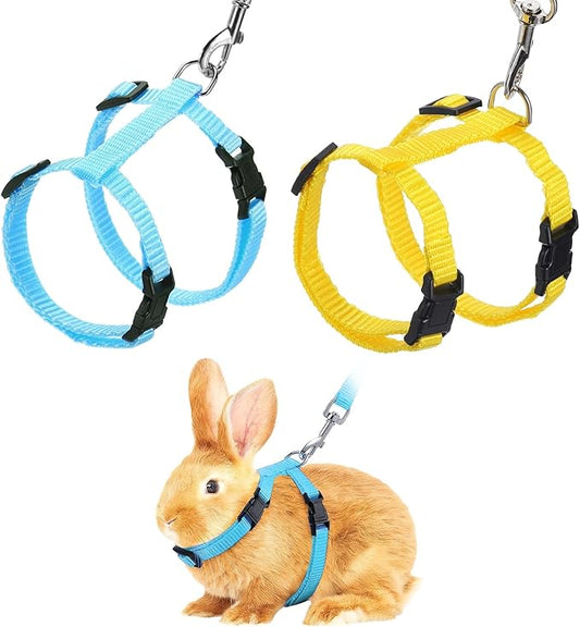 Rabbit Harness and Leash, Escape Proof Bunny Cat Leash Small Animal Harness Soft Adjustable Buckle(2Pcs, Yellow/Sky Blue) for Bunny Kitten Cats Puppies Walking Hiking Training
