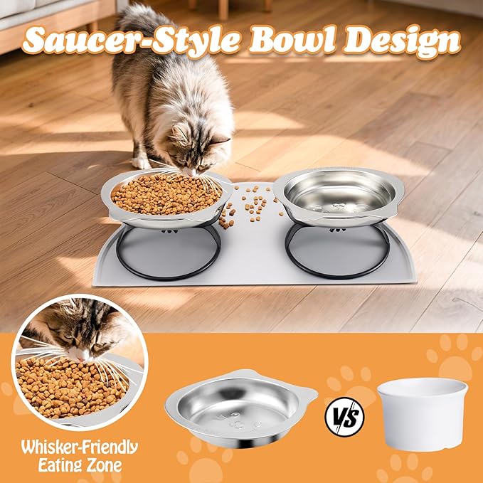 Elevated Cat Bowls with Non-Slip Mat - 7.1" Wide Whisker Friendly Dishes, Neck Stress-Free, Raised Stainless Steel Bowls for Flat-Faced/Senior Cats & Small Dogs, Indoor/Travel Use, 2-Pack