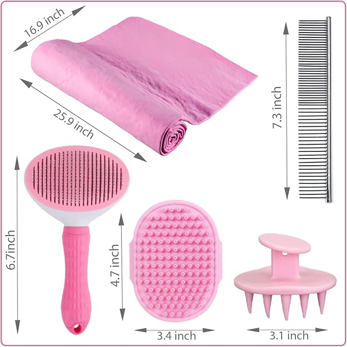 Dog Bath Brush Bathing Kit 5PCS - Pet Washing Brush, Dog Brush for Shorted Haired Dogs, Dog Scrubber for Bath, Scalp Scrubber Hair Bath Brush Set Pink