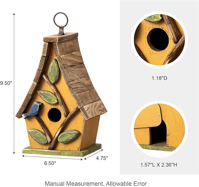 Glitzhome Bird Houses for Outdoors, Solid Wood Bluebird Houses for Outside, 9.5" H Garden Decorative Hanging Birdhouse with Natural Wood Pallet Roof for Finch Swallow Wren Chickadee,Washed Yellow
