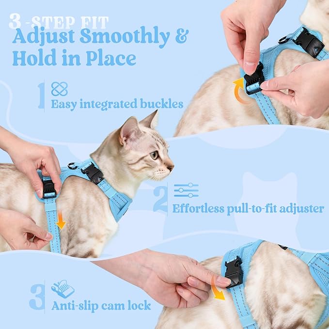 rabbitgoo Cat Harness and Leash, Escape Proof Vest with 3 Adjustable Buckles, Soft Comfortable Kitten Harness, Easy to Wear, Reflective for Safe Outdoor Walking, XS, Sky Blue