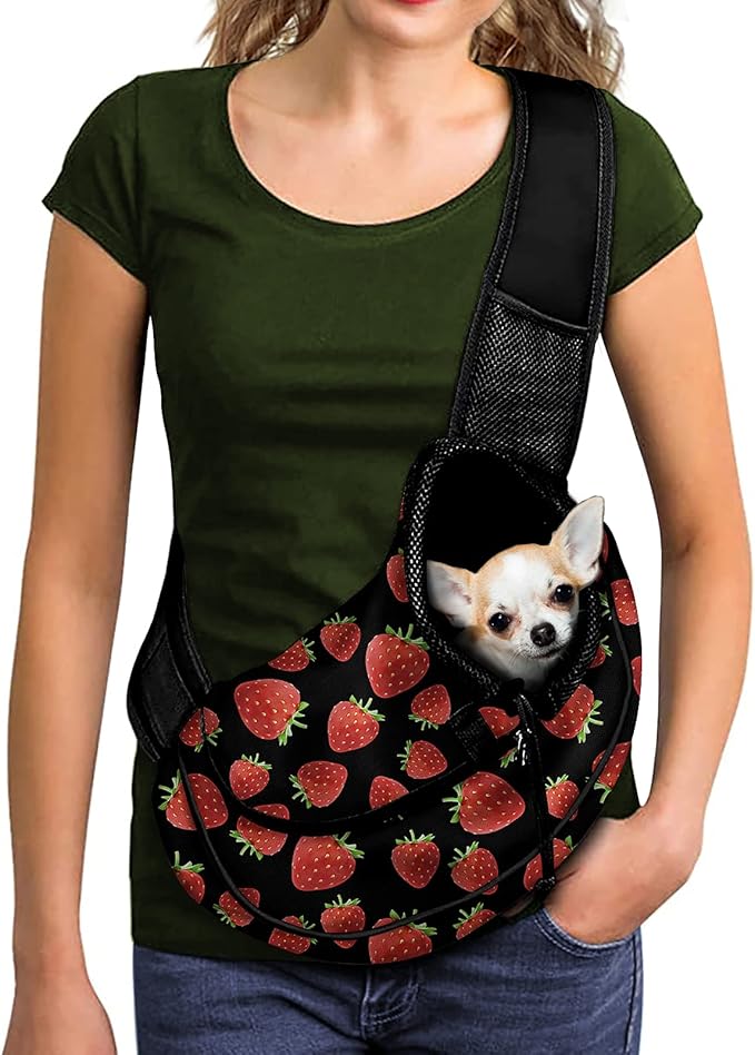 FUSURIRE Strawberry Print Pet Sling Carrier - Small Dog Cat Sling Pet Carrier Bag Comfortable Single Shoulder Carrier Adjustable Pouch Tote Handbag for Small Pets, Red