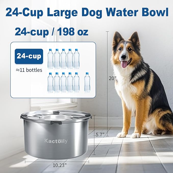 kactoily 1.47 Gal Stainless Steel Dog Water Bowl, 24 Cups Large No Spill Dog Bowl with Floating Disk, Splash Proof Slow Water Drinking for Messy Drinkers