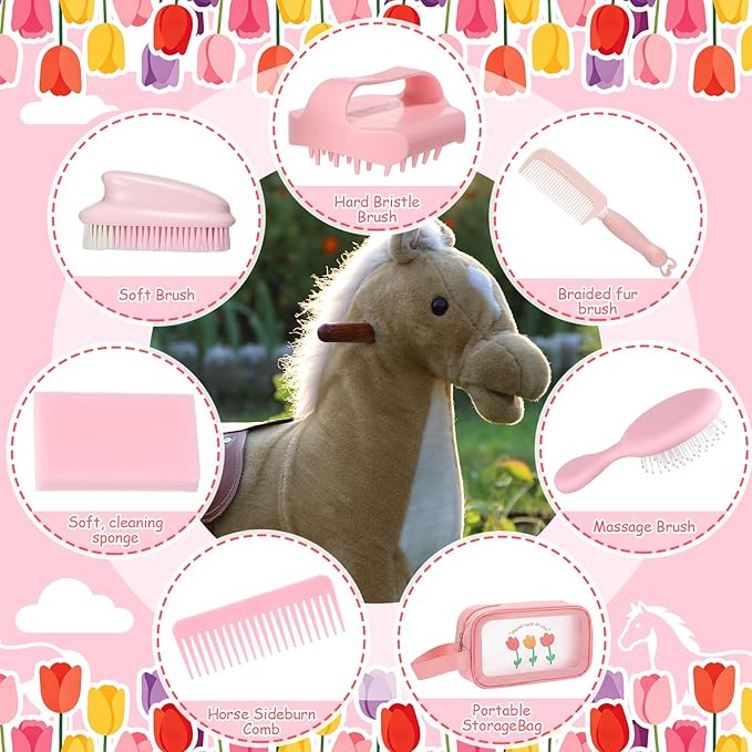 Stick Horse Grooming Kit - 7-in-1 Set with Storage Bag, Brushes, Combs & High-Density Sponge for Plush & Long Mane Care - Pink Nordic Style