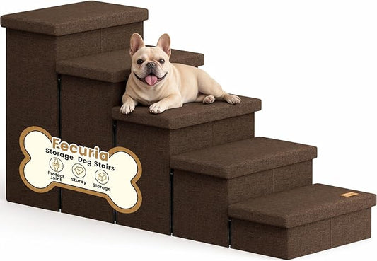 5-Step Wide Dog Stairs with Storage 23" H, Non-Slip Sturdy Pet Steps for High Bed Couch Window, Pet Stairs for Small/Medium/Large Old Dogs Cats Up to 260lbs, Cat Dog Steps for Car/SUV, Coffee