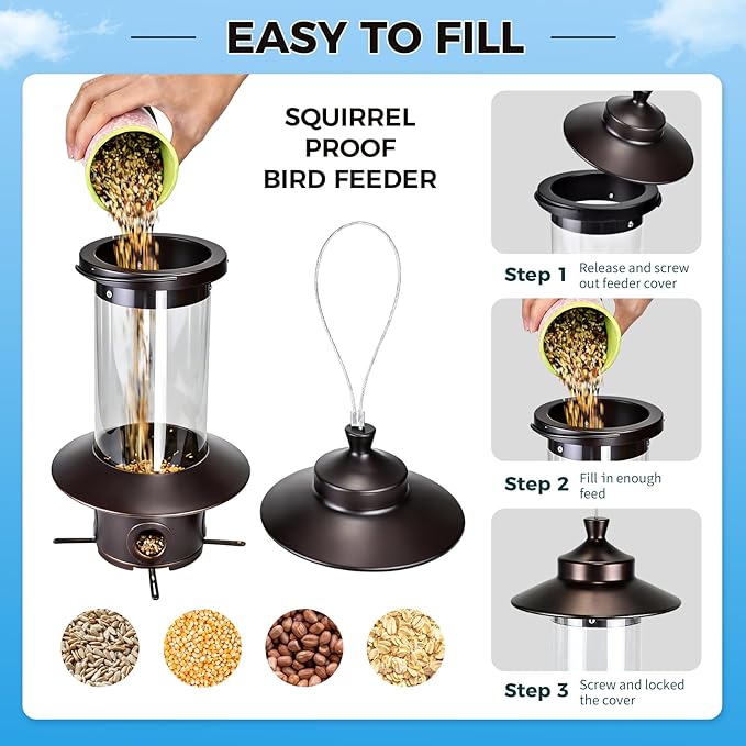 Squirrel Proof Bird Feeders for Outdoor: 4.8LB Large Capacity Hanging Bird Feeder, Weight-Activated Mechanism Wild Bird Feeders, Chew-Proof Metal Birdfeeder for Finch Cardinal Chickadee