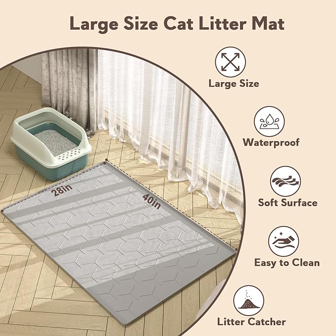 Garoopion Cat Litter Box Mat, Large 40" X 28" Litter Trapping Mat for Cats, Waterproof Silicone Pad for Floor, Gray