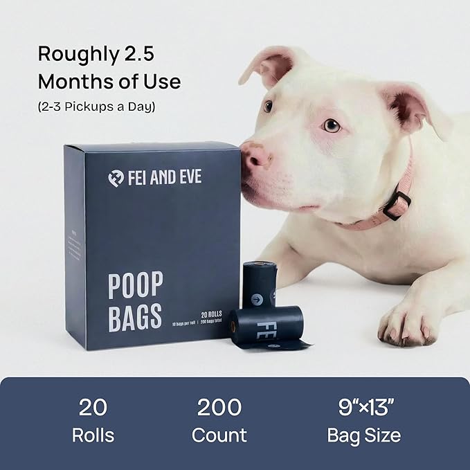 Fei & Eve Dog Poop Bags - Extra Thick 25 Micron & 100% Leak-Proof | Full Blackout & Odor-Locking | Stretch Resistant | Easy to Tear off | Waste Bags | Unscented | 20 Rolls