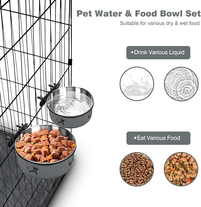 Dog Crate Bowls Hanging No Spill, Set of 2 Dog Crate Water Bowl, Kennel Bowls Mountable, Stainless Steel Pet Cage Accessories Feeder Water Food Dish Coop Cup for Cat Puppy Bunny Guinea Pig Ferret