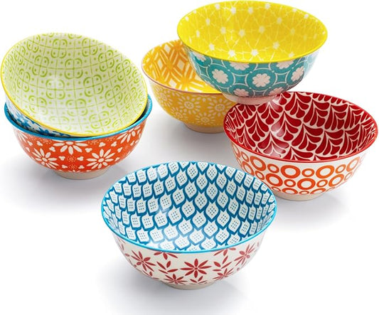 AntoKueh Set of 6 10oz Colorful Ceramic Bowls – 4.7-inch Small Bowls Perfect for Snack, Dessert, Sauce, or Dipping. Microwave & Oven Safe Porcelain