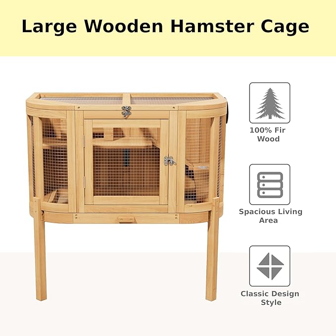 Wooden Hamster Cage 2 Story with Detachable Legs & Pull-Out Tray, Small Animal Habitat with Ramp, Top & Side Ventilation Mesh for Guinea Pigs