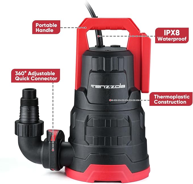 Sump Pump, 1 HP 3960GPH Submersible Utility Water Pump, Thermoplastic Portable Electric Water Removal Transfer Pump with 16.4FT Cord for Swimming Pool Basement Garden Pond Tubs Draining