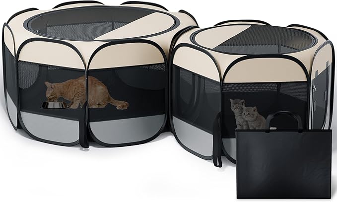 Cat Playpen, 60"x 24" Large Portable Puppy Playpen, 2-Room Foldable Dog Playpen for Indoor Outdoor Dogs, Cats, Small Animals with Carrying Case