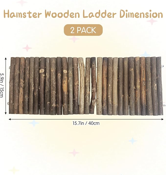 Hamiledyi 2 PCS Natural Wood Hamster Bridge, Bendable Climbing Ladder Small Animal Cage Accessories for Dwarf Hamster, Gerbils, Mice, Sugar Glider (15.7×5.9 in)