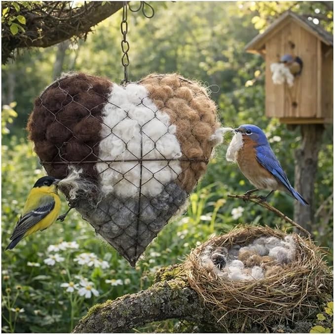 Handmade Fiber Bird Nesting Heart, Refillable Birds Haven 1 Heart Shape Hummingbird Nesting and 2 Bags of Nest Materials, Winter Fowl Gifts Animal Hummingbirds Lovers Home Garden Yard(1Set)
