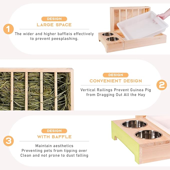 3 in 1 Wooden Guinea Pig Hay Feeder Mess Proof with Litter Box, for Guinea Pig, Chinchillas, and Other Small Animals