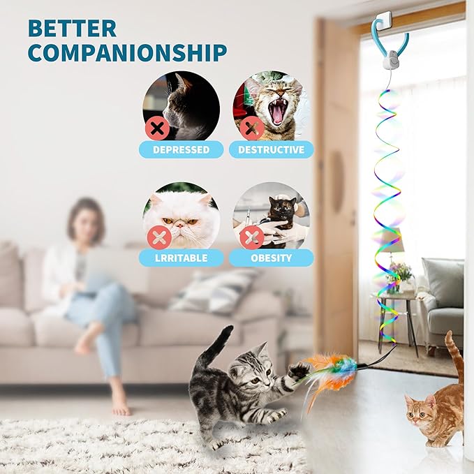 Interactive Cat Toys for Indoor Cats: Automatic Door Hanging Toy with Feather Wand, Quiet Self Play Chase Exercise Enrichment for Bored Kittens, Adult, Multi Cat Households, Type-C Durable Safe Toy