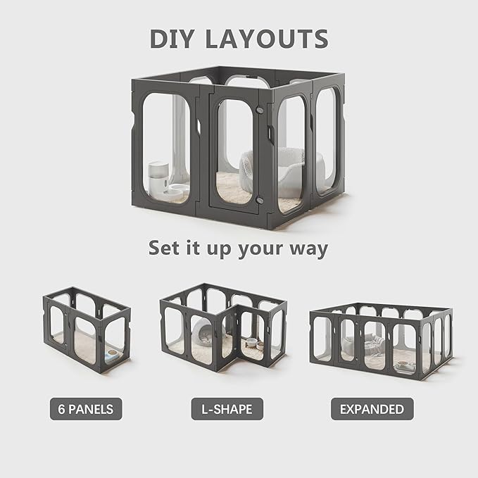 Acrylic Clear Dog Playpen Indoor with Door, 26'' H Transparent Dog Play Pen for Small Dogs, No-Connector Modular Puppy Playpen with Integrated Suction Cups Base, 8 Panels, Black