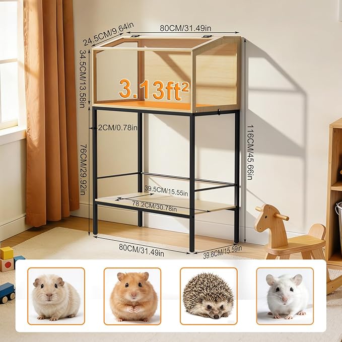 Hamster Cage: Wooden Small Animal Cage with Warm Light and Storage Shelf - 32” Large Clear Hamster House Chewy Proof with Openable Breathable Top