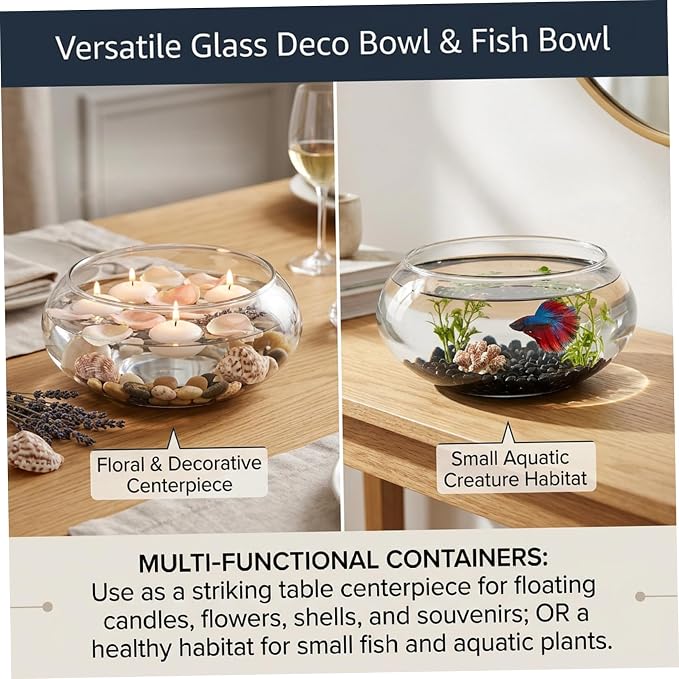 Lotus Bowl Planter - Clear Glass Hydroponic Planter for Plants and Fish, 15cm/5.9" Desktop Ecosystem Vase for Water Lilies, Succulents, and Aquatic Decor..