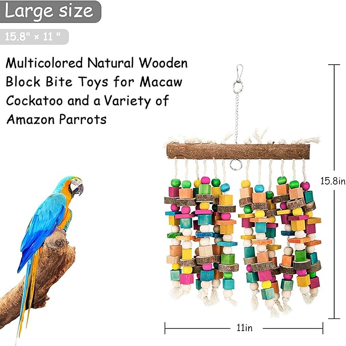 Kikerike Parrot Chewing Toy Bird Bite Toy with Colorful Wood Beads, Multicolored Natural Wooden Block Cage Toys for Macaw Cockatoo Parakeets