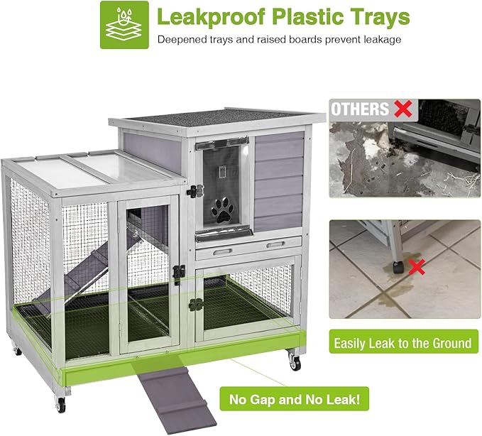 GUTINNEEN Rabbit Hutch Indoor Rabbit Cage with Wire Mesh Floor and Wheels Outdoor Bunny House 2 Story Guinea Pig Cage with Leakproof Asphalt Roof (Higher Version)