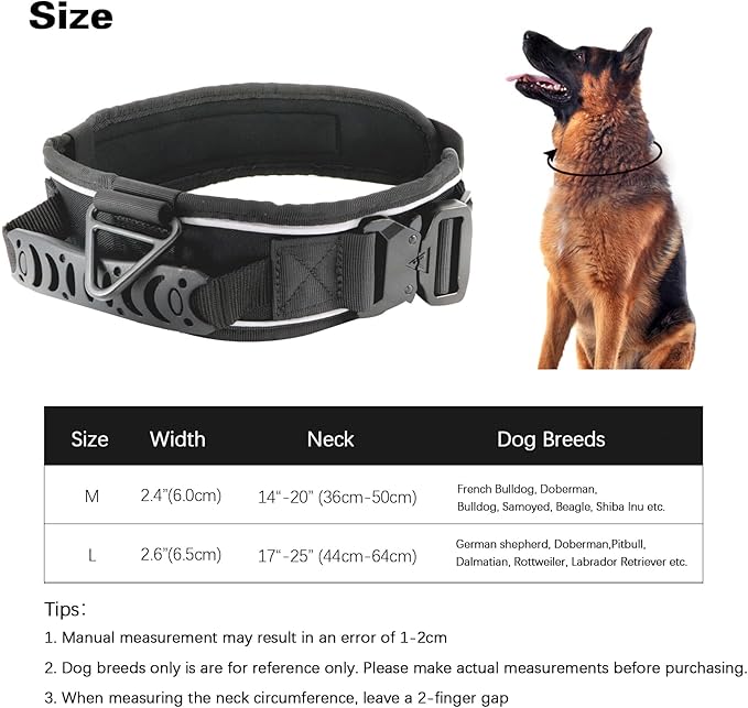 2.5" Tactical Dog Collar for Large Dogs, Adjustable Heavy Duty Military Nylon Dog Collar with Reflective Stitching & Padded Handle for Hiking/Running/Training (Black, L,XL)