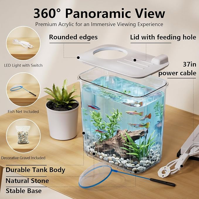 0.8 Gallon Betta Fish Tank Aquarium Starter Kit with Light and Lid(White) | Premium Acrylic Aquarium with Light and Lid, Crystal Clear Starter Kit for Betta Fish, Shrimp, Snails and Small Fish