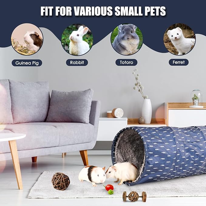 Rabbit Tunnel - Guinea Pig Tunnel, Guinea Pig Tube, 2-Way Small Pet Play Tube, Folds Flat for Storage, Ideal for Adult Small Pets, Dark Blue, Leaf Pattern