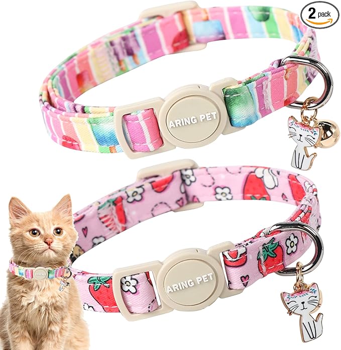 ARING PET 2 Pack Cat Collars-Cute Breakaway Summer Cat Collar with Bell & Pendant, Adjustable Strawberry&Ice Cream Pattern Kitten Collars with Safety Buckle for Girl and Boy Cats
