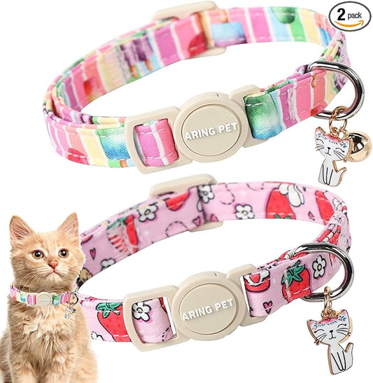 ARING PET 2 Pack Cat Collars-Cute Breakaway Summer Cat Collar with Bell & Pendant, Adjustable Strawberry&Ice Cream Pattern Kitten Collars with Safety Buckle for Girl and Boy Cats